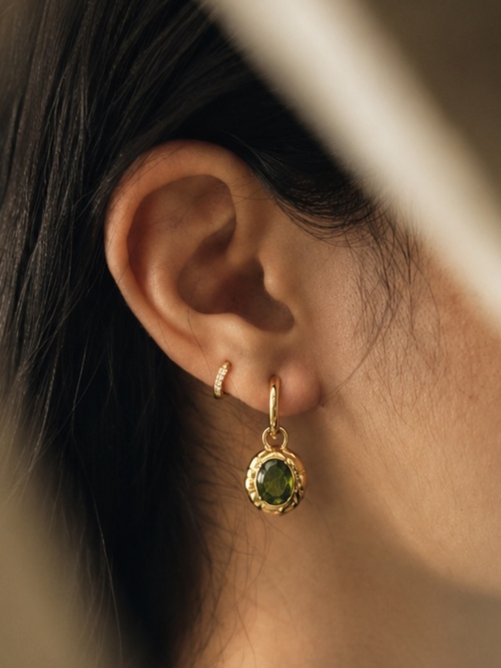 18k Gold  Plated Retro Olive Green Drop Hoop Earrings - Vintage style